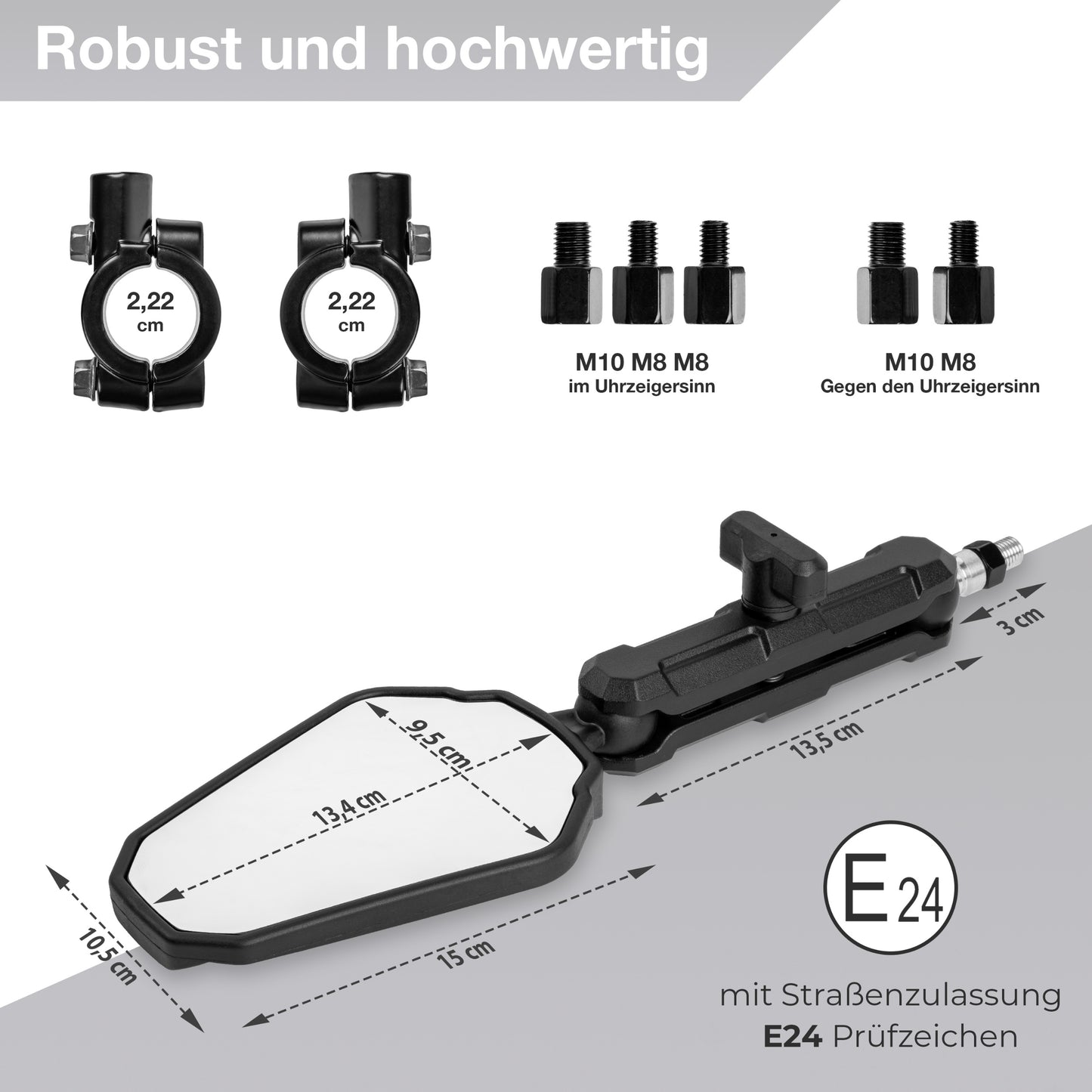 Enduro motorcycle mirror with E-Mark