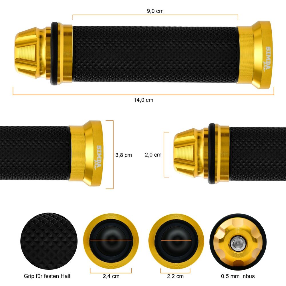 Gold Motorcycle or Scooter Handlebar Grips: Aluminum & Rubber 22/24mm	